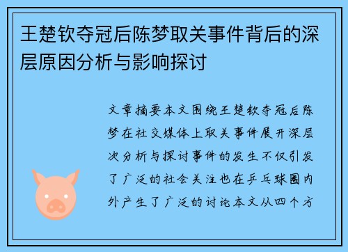 王楚钦夺冠后陈梦取关事件背后的深层原因分析与影响探讨
